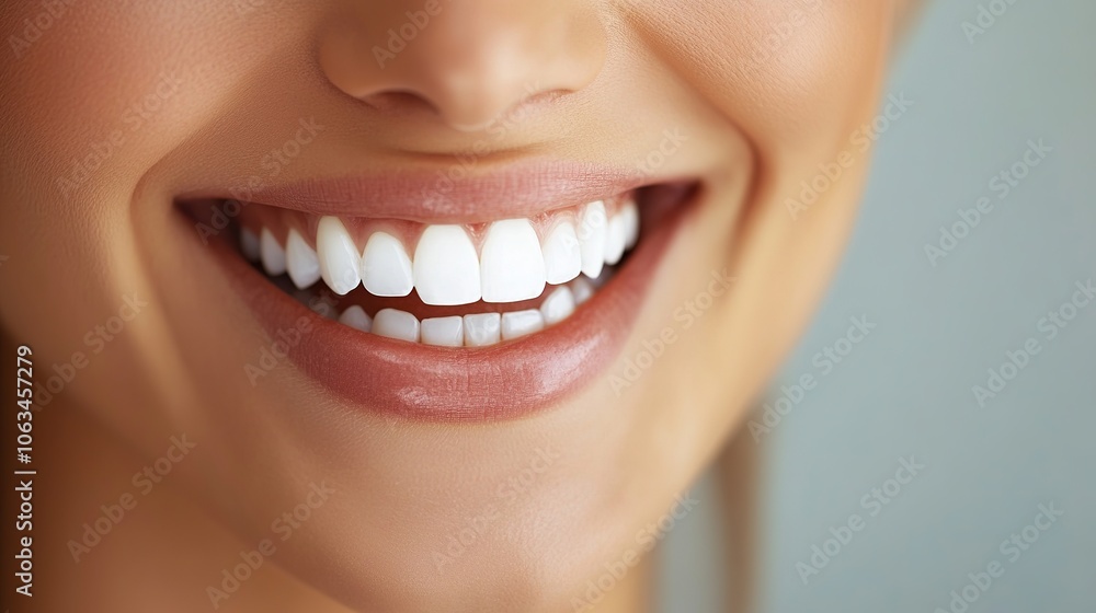Close-up of a woman's bright, healthy smile with perfectly aligned white teeth and smooth skin Close-up of a woman's bright, healthy smile with perfectly aligned white teeth and smooth skin