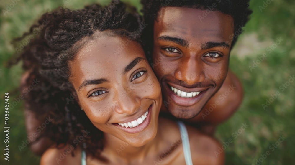 A couple in fitness wear smiling joyfully while standing closely together on a lush green background, showcasing a vibrant and happy atmosphere. A couple in fitness wear smiling joyfully while standing closely together on a lush green background, showcasing a vibrant and happy atmosphere.