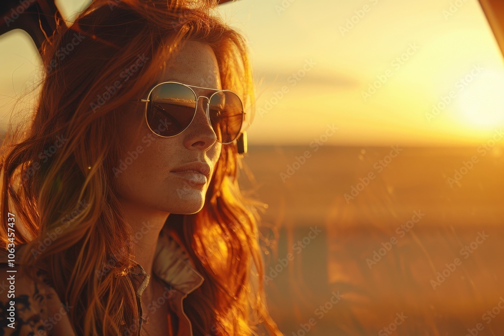 A woman in sunglasses enjoys a scenic sunset view from a helicopter, bathed in warm, golden light. A woman in sunglasses enjoys a scenic sunset view from a helicopter, bathed in warm, golden light.