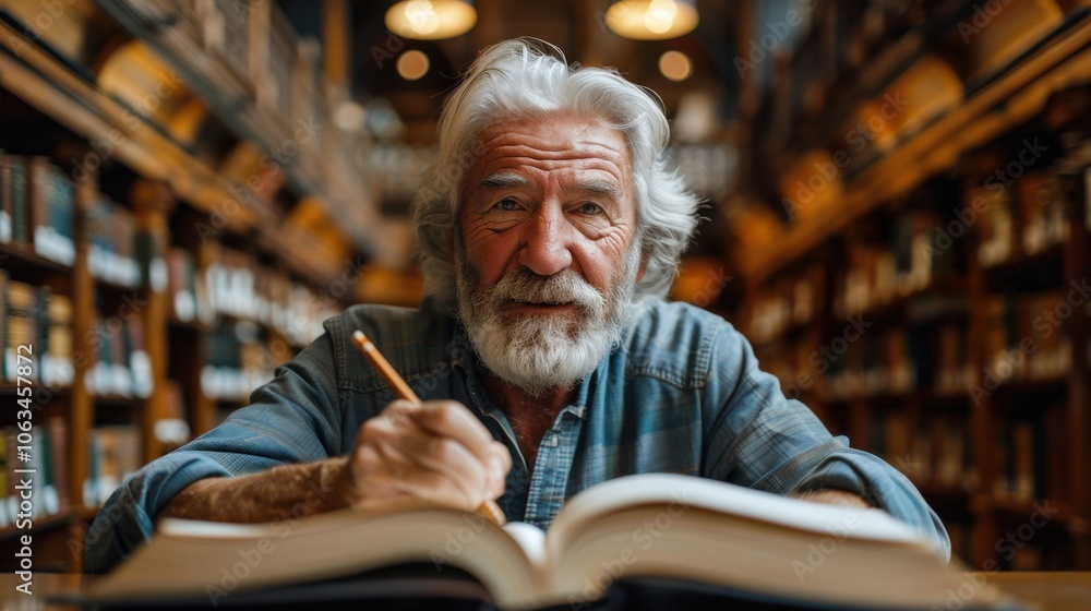 A smiling senior man with white hair and a beard is sitting in a library, writing in a notebook. The setting is warm and cozy, with shelves filled with books. A smiling senior man with white hair and a beard is sitting in a library, writing in a notebook. The setting is warm and cozy, with shelves filled with books.