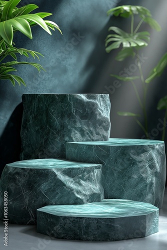 Elegant 3D marble podium display with lush greenery showcased in a contemporary setting, perfect for summer product presentations and artistic displays