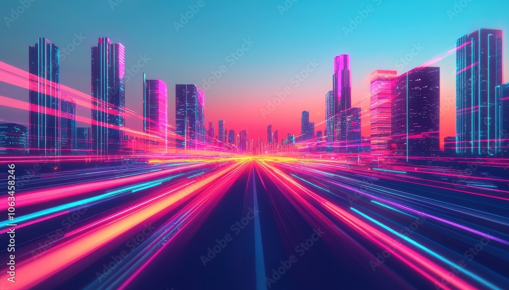 Fototapeta premium Overhead shot of a futuristic highway in a vibrant neon-lit city, towering skyscrapers in the distance, Cyberpunk, Digital art