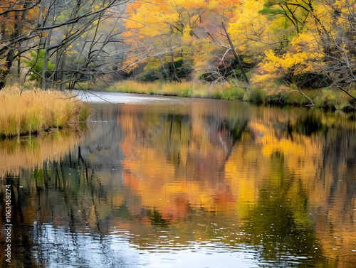 Beautiful river curves through colorful autumn forest, creating a stunning reflection of nature's beauty.