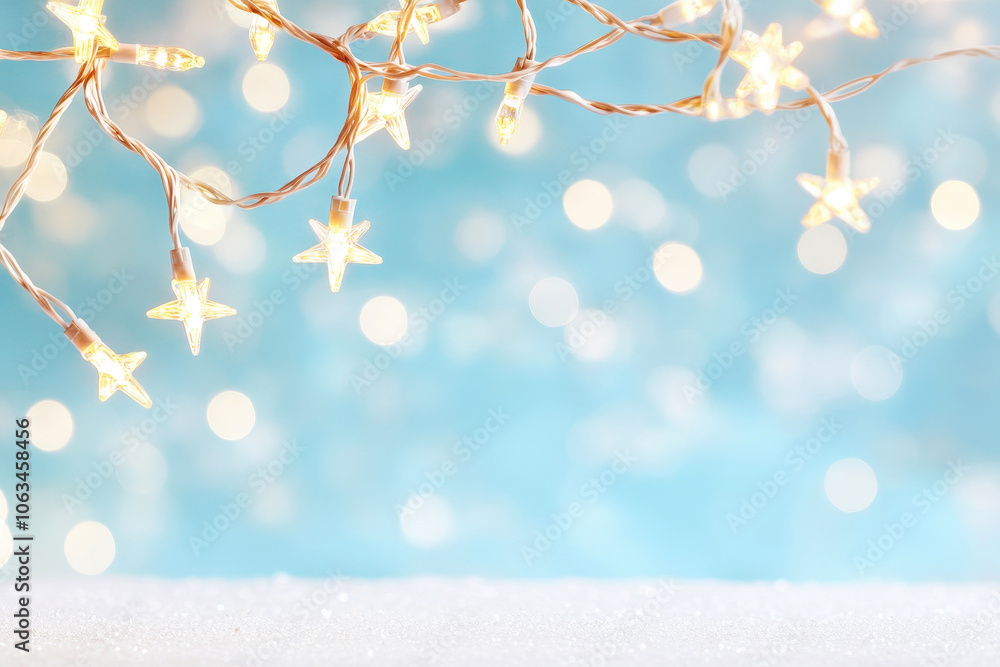 Warm Christmas lights and star decorations on snowy background Warm Christmas lights and star decorations on snowy background