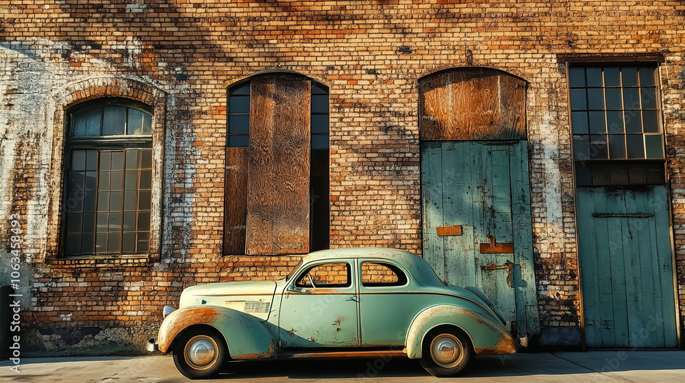 Fototapeta premium レンガ造りの建物と青い自動車
