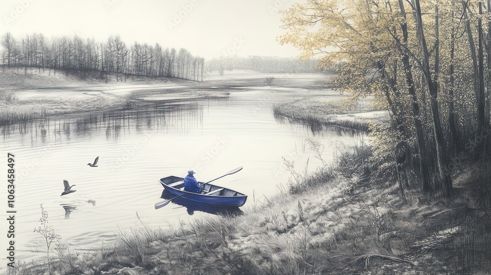 Captivating Wildlife Enthusiast in a Rowboat: A Serene Autumn Scene of Birdwatching on a Misty Lake - Perfect for Nature-Inspired Sports Decor Posters! Captivating Wildlife Enthusiast in a Rowboat: A Serene Autumn Scene of Birdwatching on a Misty Lake - Perfect for Nature-Inspired Sports Decor Posters!