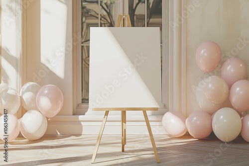 Blank canvas on a wooden easel surrounded by pink and white balloons in a soft, minimalistic studio setting, ideal for art, creativity, or celebration themes photo