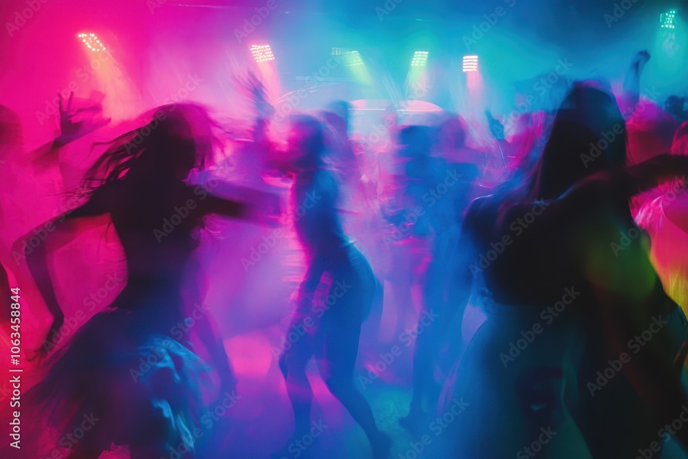 Obraz premium A high-energy dance club with neon lights in bright pinks, blues, and greens