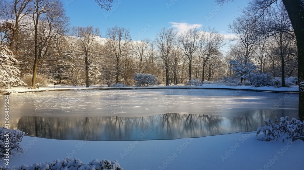 Frozen Pond with Thin Snow Layer Reflecting Snow-Covered Trees Frozen Pond with Thin Snow Layer Reflecting Snow-Covered Trees