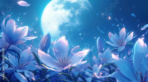 As the moon rose the flowers in the garden began to glow their soft petals unfolding to reveal fairylike creatures living within.