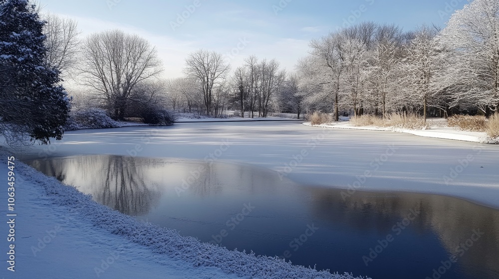 Frozen Pond with Thin Snow Layer Reflecting Snow-Covered Trees Frozen Pond with Thin Snow Layer Reflecting Snow-Covered Trees