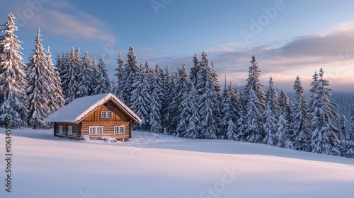 Soft Winter Morning with Snow-Covered Landscape and a Cozy Cabin Surrounded by Pine Trees