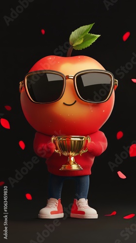 
cute chibbi 3d blender apple character wearing gangster meme sunglasses holding a champion trophy  photo