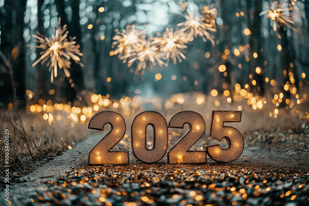 Sparkling celebration of the new year 2025 amidst a serene forest backdrop Generative AI Sparkling celebration of the new year 2025 amidst a serene forest backdrop Generative AI
