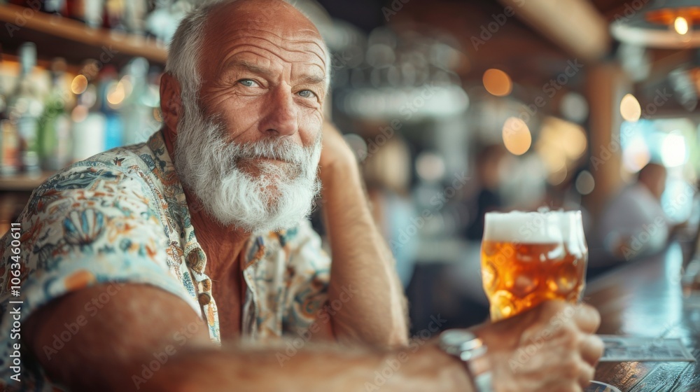 A thoughtful senior man with a glass of beer in hand sits at a bar, surrounded by a warm, ambient atmosphere. A thoughtful senior man with a glass of beer in hand sits at a bar, surrounded by a warm, ambient atmosphere.