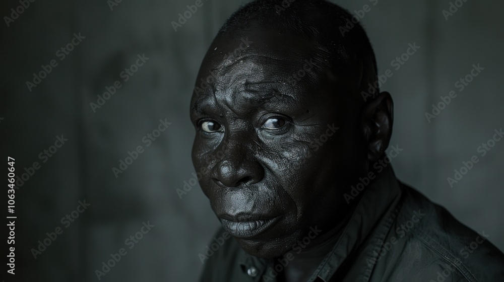 Portrait of a man looking directly at the camera with a serious expression, set against a subdued background. The image highlights his strong features. Portrait of a man looking directly at the camera with a serious expression, set against a subdued background. The image highlights his strong features.