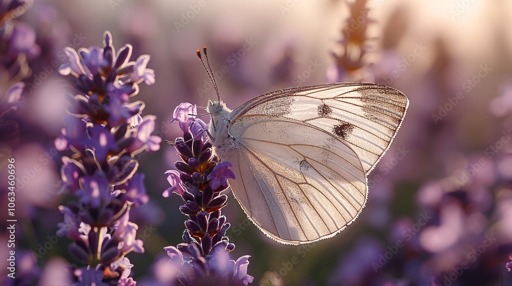 butterfly with intricate wing patterns perched delicately on purple lavender flowers, with soft bokeh lights