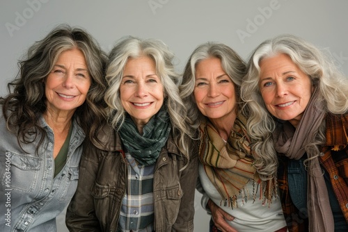 Four women with gray hair, smiling and embracing their natural beauty, pose together in casual attire against a neutral background.