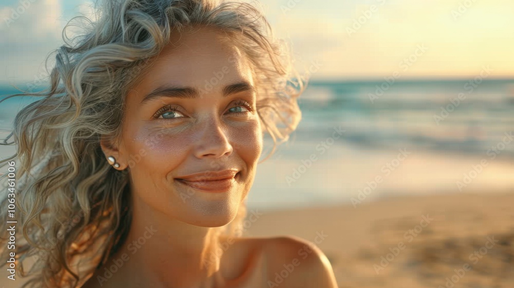 A joyful senior woman with curly hair smiles warmly while enjoying a sunny day at the beach. The ocean waves and golden sunlight create a serene ambiance. A joyful senior woman with curly hair smiles warmly while enjoying a sunny day at the beach. The ocean waves and golden sunlight create a serene ambiance.