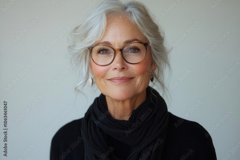 closeup portrait of a smiling senior woman wearing stylish eyeglasses radiating warmth and wisdom set against a bright white background that emphasizes her vibrant personality closeup portrait of a smiling senior woman wearing stylish eyeglasses radiating warmth and wisdom set against a bright white background that emphasizes her vibrant personality