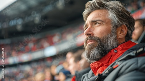 An anxious-looking English soccer fan with a gray beard watches the game intently in a large stadium filled with red and black colors.