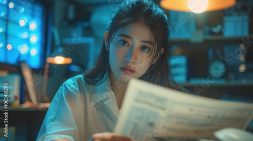 A young woman sits at a desk, ambiently lit, reading a newspaper. The scene exudes a calm and focused atmosphere with warm and cool tones. photo