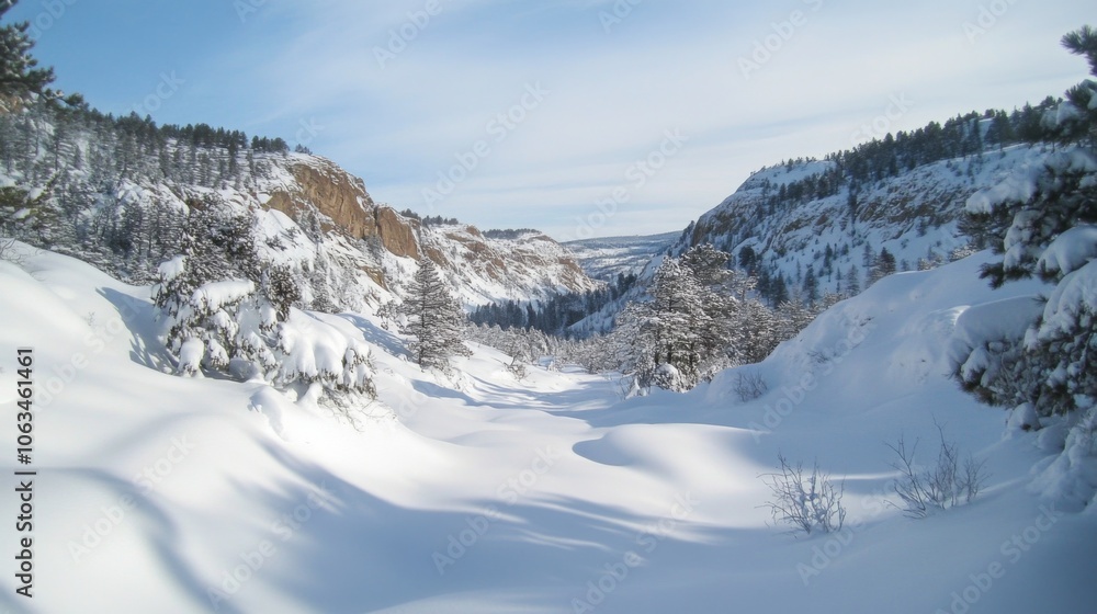 Snowdrift-Filled Valley with Wind-Sculpted Snow Against Rocky Slopes Snowdrift-Filled Valley with Wind-Sculpted Snow Against Rocky Slopes