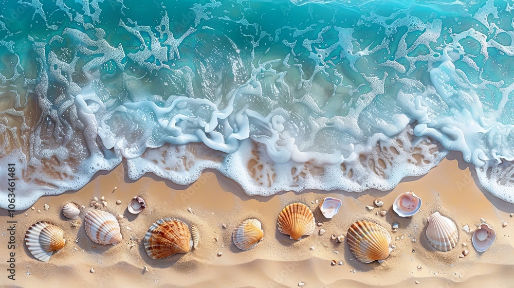 A clean beach with clear blue water, seashells in the sand, and gentle waves, promoting environmental protection and nature preservation A clean beach with clear blue water, seashells in the sand, and gentle waves, promoting environmental protection and nature preservation
