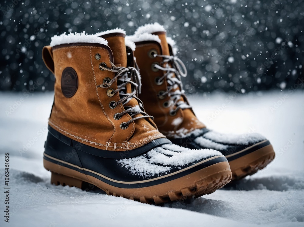 A closeup of a pair of warm winter boots standing on a snowy surface, highlighting their cozy texture and sturdy design perfect for cold weather adventures A closeup of a pair of warm winter boots standing on a snowy surface, highlighting their cozy texture and sturdy design perfect for cold weather adventures