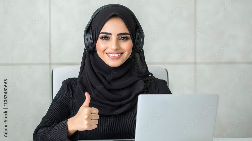 young smiling Arab woman wearing headset is sitting at desk, giving thumbs up while working on laptop. Her positive expression conveys enthusiasm and professionalism young smiling Arab woman wearing headset is sitting at desk, giving thumbs up while working on laptop. Her positive expression conveys enthusiasm and professionalism