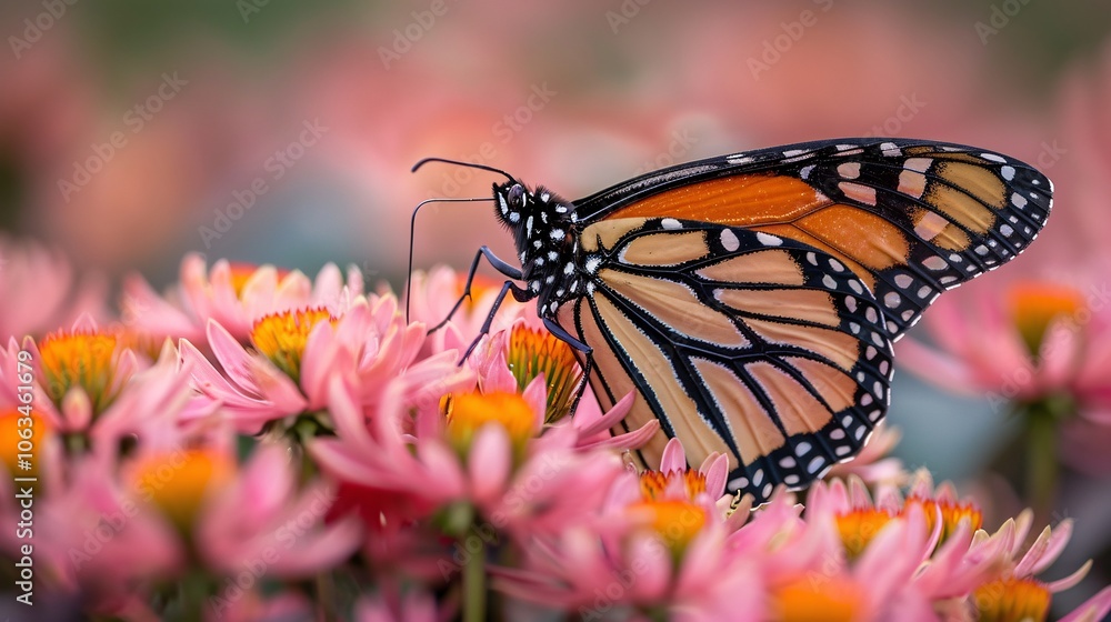 Fototapeta premium butterfly delicately perched on blooming flowers against a soft pastel background,