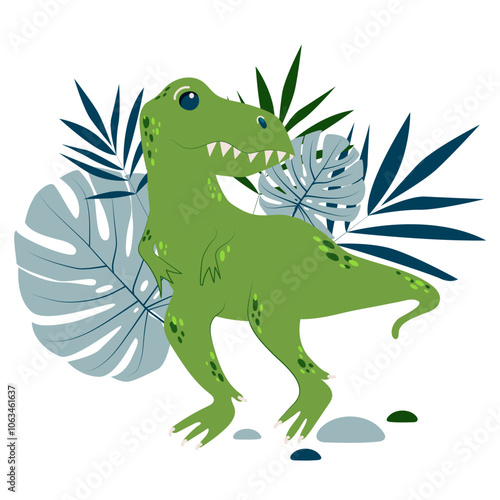Wallpaper Mural Vector dinosaur T Rex, Tyrannosaurus with palm and monsterrra leaves, t shirt print design, poster, card, party invitation
 Torontodigital.ca