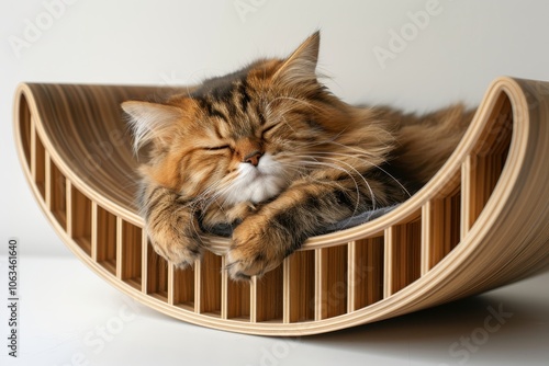 A fluffy cat peacefully sleeping on a modern wooden pet bed.