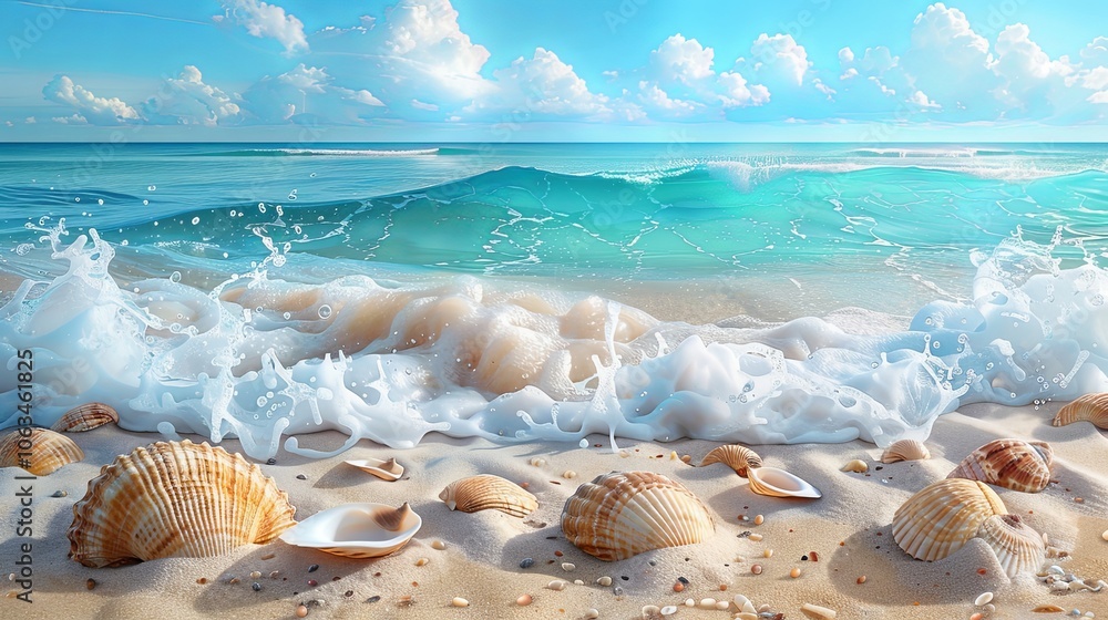 A clean beach with clear blue water, seashells in the sand, and gentle waves, promoting environmental protection and nature preservation A clean beach with clear blue water, seashells in the sand, and gentle waves, promoting environmental protection and nature preservation