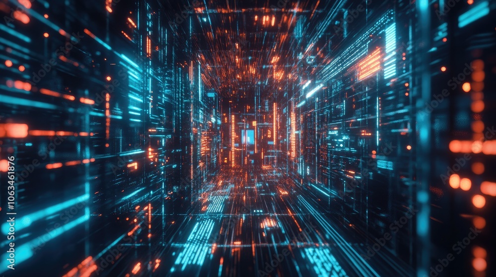 Futuristic Data Stream Tunnel with Neon Lights Futuristic Data Stream Tunnel with Neon Lights