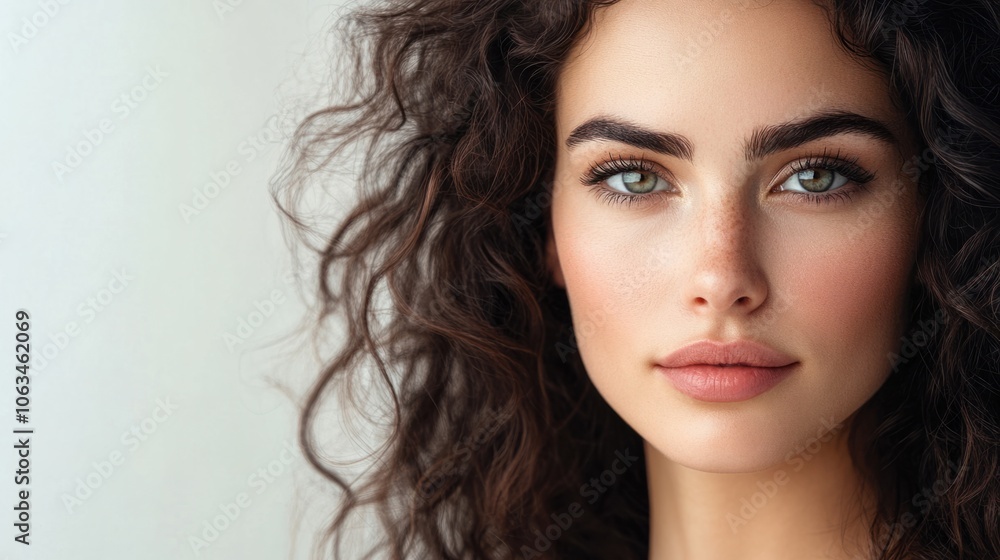 Portrait of a woman with lush, curly hair, natural makeup, and a serene expression on a clean, neutral background Portrait of a woman with lush, curly hair, natural makeup, and a serene expression on a clean, neutral background