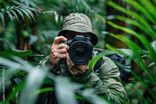 Photographer capturing nature through camera in lush green foliage.