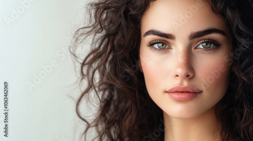 Wallpaper Mural Portrait of a woman with lush, curly hair, natural makeup, and a serene expression on a clean, neutral background Torontodigital.ca