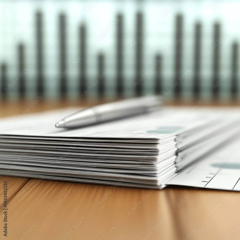 Fototapeta premium A stack of documents with a pen on a wooden surface and a blurred background.