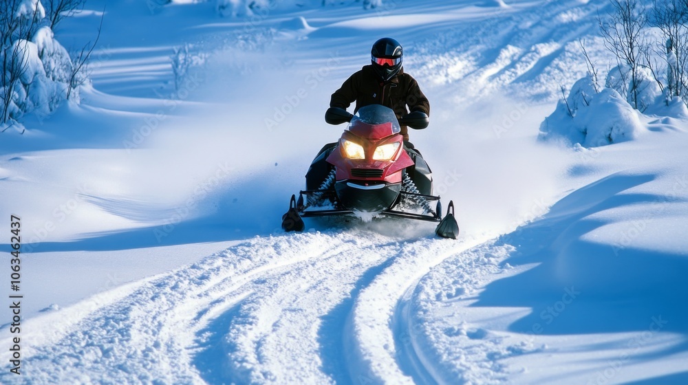 Exciting Snowmobile Ride Through Pristine Winter Forest Leaving Trails Behind