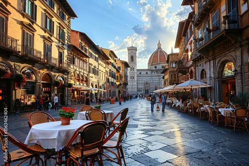 Visitors enjoy outdoor dining in Florence as the sun sets, showcasing the stunning architecture and vibrant streets, creating a lively atmosphere filled with culture and history