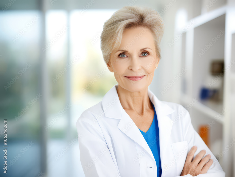 Senior Female Doctor Smiling Confidently in a Bright Medical Setting Senior Female Doctor Smiling Confidently in a Bright Medical Setting