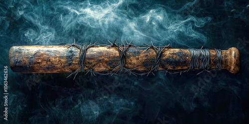 A wooden baseball bat with barbed wire wrapped around it