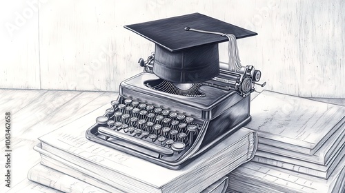 Celebrate Creativity: Vintage Typewriter with Graduation Cap on Poetry Books - Perfect Poster for Artistic Spaces or Study Rooms photo