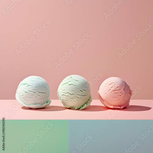 Three scoops of ice cream, set against a pink background 