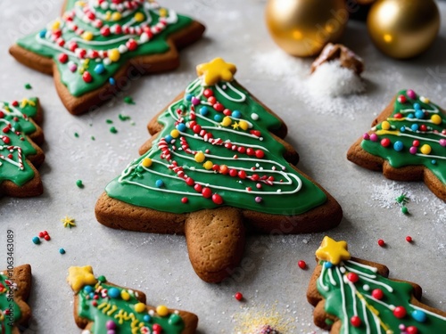 A festive gingerbread cookie shaped like a Christmas tree, decorated with colorful icing and sprinkles, perfect for holiday festivities and sweet treats photo