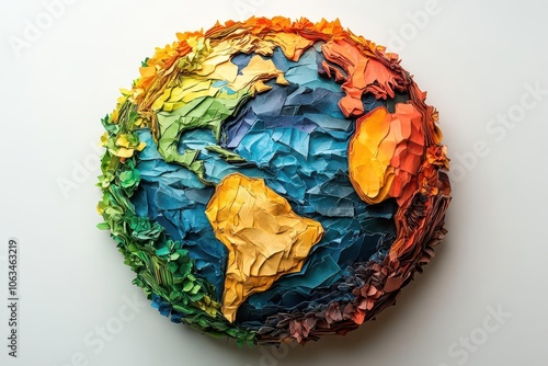 collage art of a globe made from colorful paper symbolizing humanitys connection to the environment and ecofriendliness with a creative graphic design aesthetic photo