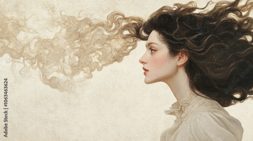 Portrait of a woman with rich, voluminous hair blowing slightly, on a soft, cream-colored background Portrait of a woman with rich, voluminous hair blowing slightly, on a soft, cream-colored background