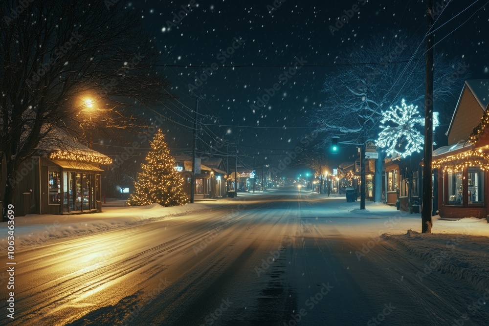 Quiet snow-covered small-town street at night, adorned with festive lights and a beautifully lit Christmas tree, creating a peaceful winter scene Quiet snow-covered small-town street at night, adorned with festive lights and a beautifully lit Christmas tree, creating a peaceful winter scene