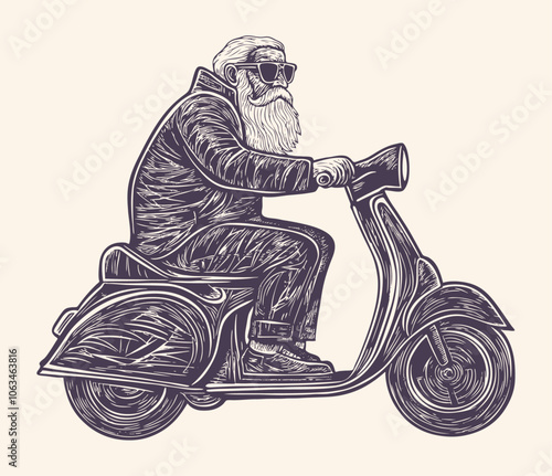 An old gray-haired biker rides a vintage scooter, vector illustration.
